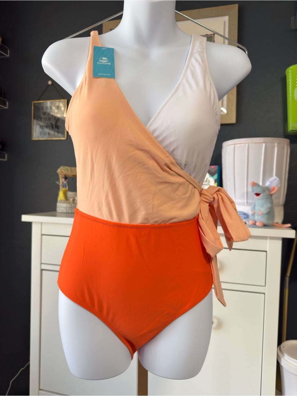 Cupshe Peach, White & Orange Colorblock Wrap One-Piece Swimsuit